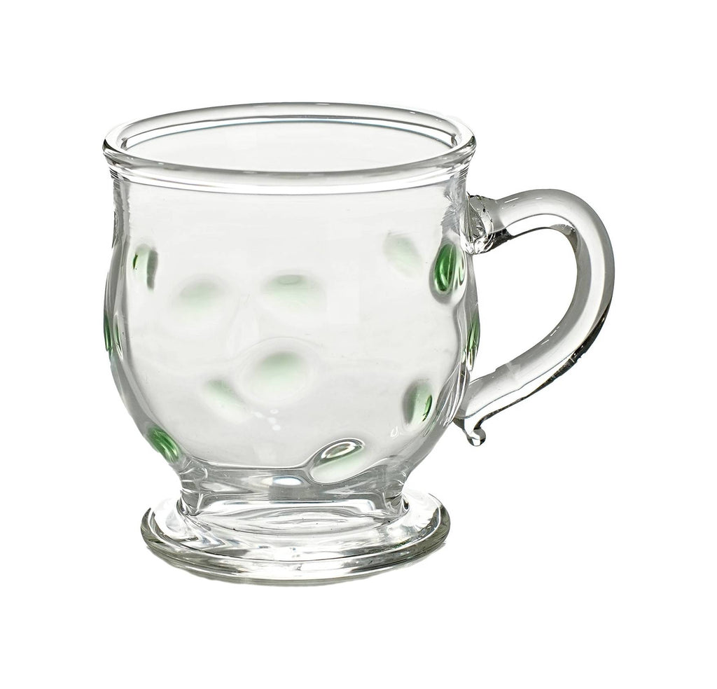 Coffee cup clear with amber and green dots, with handle