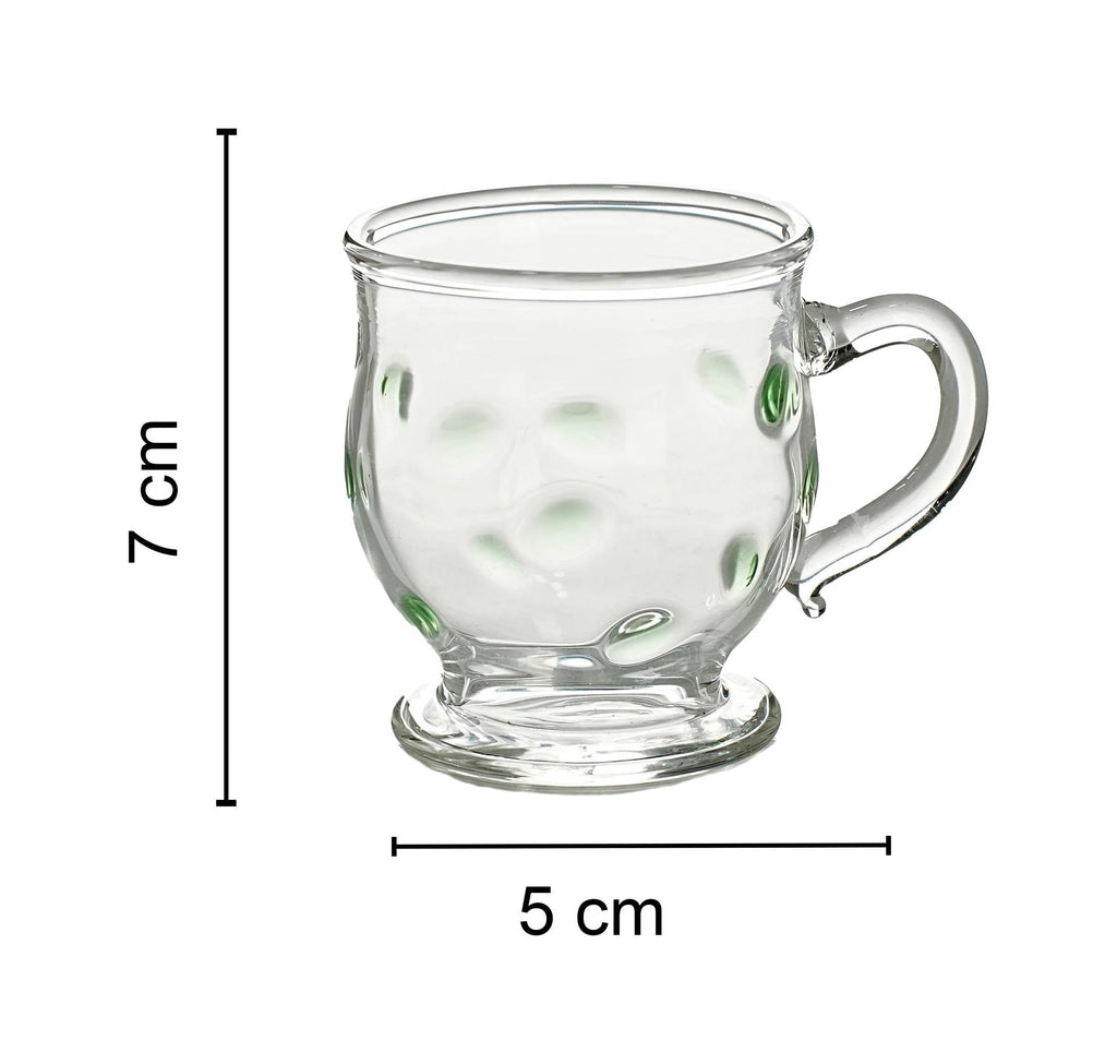 Coffee cup clear with amber and green dots, with handle